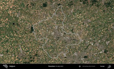 Roeselare. Belçika 'nın idari alanı, Temmuz 2022' de çekilen Kopernik Nöbetçi karolarından oluşan bir uydu görüntüsüyle özetlenmiştir.