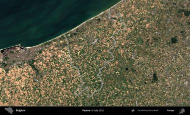 Veurne. Belçika 'nın idari alanı, Temmuz 2022' de çekilen Kopernik Nöbetçi karolarından oluşan bir uydu görüntüsüyle özetlenmiştir.