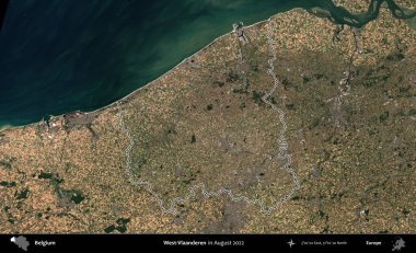 Batı-Vlaanderen. Belçika 'nın idari alanı, Ağustos 2022' de çekilen Kopernik Nöbetçi karolarından oluşan bir uydu görüntüsüyle özetlenmiştir.