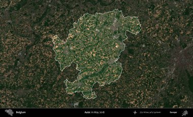 Aalst. Belçika 'nın idari alanı, Mayıs 2018' de çekilen Kopernik Sentinel karolarından oluşan koyu renkli bir uydu görüntüsü üzerine vurgulandı ve özetlendi.