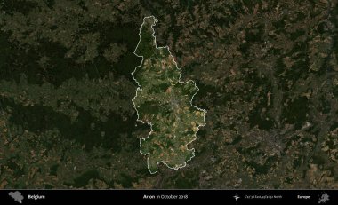 Arlon. Belçika 'nın idari alanı, Ekim 2018' de çekilen Kopernik Sentinel karolarından oluşan koyu renkli bir uydu görüntüsü üzerine vurgulandı ve özetlendi.