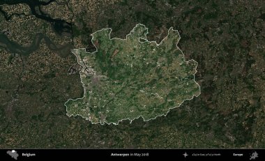 Antwerpen. Belçika 'nın idari alanı, Mayıs 2018' de çekilen Kopernik Sentinel karolarından oluşan koyu renkli bir uydu görüntüsü üzerine vurgulandı ve özetlendi.