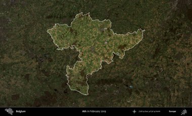 Bir. Belçika 'nın idari alanı, Şubat 2019' da çekilen Kopernik Sentinel karolarından oluşan koyu renkli bir uydu görüntüsü üzerine vurgulandı ve özetlendi.