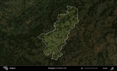 Bastogne. Belçika 'nın idari alanı, Ekim 2018' de çekilen Kopernik Sentinel karolarından oluşan koyu renkli bir uydu görüntüsü üzerine vurgulandı ve özetlendi.
