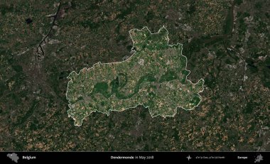 Dendermonde. Belçika 'nın idari alanı, Mayıs 2018' de çekilen Kopernik Sentinel karolarından oluşan koyu renkli bir uydu görüntüsü üzerine vurgulandı ve özetlendi.