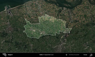 Eeklo. Belçika 'nın idari alanı, Eylül 2021' de çekilen Kopernik Sentinel karolarından oluşan koyu renkli bir uydu görüntüsü üzerine vurgulandı ve özetlendi.