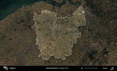 Oost-Vlaanderen. Belçika 'nın idari alanı, Ağustos 2022' de çekilen Kopernik Sentinel karolarından oluşan koyu renkli bir uydu görüntüsü üzerine vurgulandı ve özetlendi.