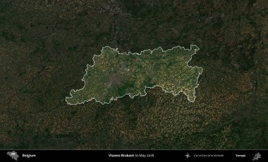 Vlaams-Brabant. Belçika 'nın idari alanı, Mayıs 2018' de çekilen Kopernik Sentinel karolarından oluşan koyu renkli bir uydu görüntüsü üzerine vurgulandı ve özetlendi.