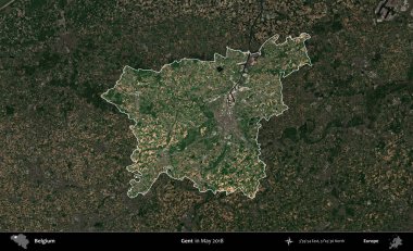 Beyler. Belçika 'nın idari alanı, Mayıs 2018' de çekilen Kopernik Sentinel karolarından oluşan koyu renkli bir uydu görüntüsü üzerine vurgulandı ve özetlendi.