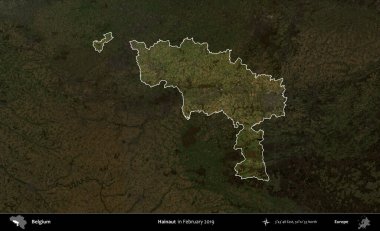 Hainaut. Belçika 'nın idari alanı, Şubat 2019' da çekilen Kopernik Sentinel karolarından oluşan koyu renkli bir uydu görüntüsü üzerine vurgulandı ve özetlendi.
