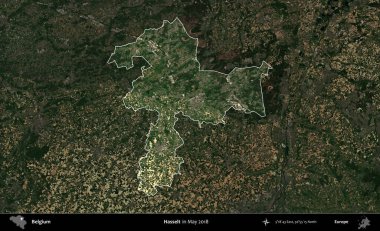 Hasselt. Belçika 'nın idari alanı, Mayıs 2018' de çekilen Kopernik Sentinel karolarından oluşan koyu renkli bir uydu görüntüsü üzerine vurgulandı ve özetlendi.