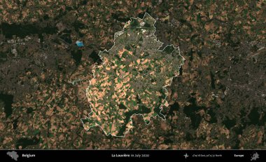 La Louviere 'de. Belçika 'nın idari alanı, Temmuz 2020' de çekilen Kopernik Sentinel karolarından oluşan koyu renkli bir uydu görüntüsü üzerine vurgulandı ve özetlendi.