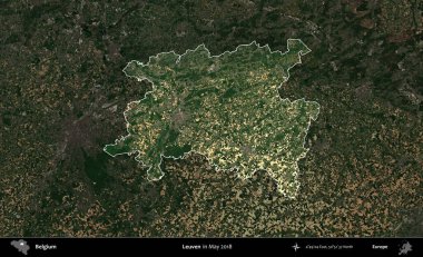 Leuven. Belçika 'nın idari alanı, Mayıs 2018' de çekilen Kopernik Sentinel karolarından oluşan koyu renkli bir uydu görüntüsü üzerine vurgulandı ve özetlendi.