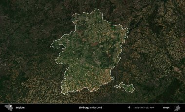 Limburg. Belçika 'nın idari alanı, Mayıs 2018' de çekilen Kopernik Sentinel karolarından oluşan koyu renkli bir uydu görüntüsü üzerine vurgulandı ve özetlendi.