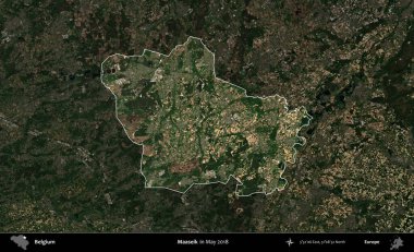 Maaseik. Belçika 'nın idari alanı, Mayıs 2018' de çekilen Kopernik Sentinel karolarından oluşan koyu renkli bir uydu görüntüsü üzerine vurgulandı ve özetlendi.