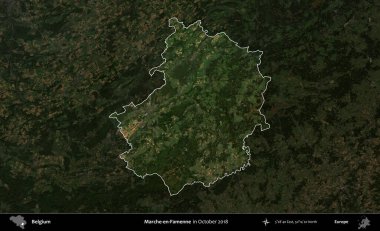 Marche-en-Famenne. Belçika 'nın idari alanı, Ekim 2018' de çekilen Kopernik Sentinel karolarından oluşan koyu renkli bir uydu görüntüsü üzerine vurgulandı ve özetlendi.
