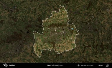 Mons. Belçika 'nın idari alanı, Şubat 2019' da çekilen Kopernik Sentinel karolarından oluşan koyu renkli bir uydu görüntüsü üzerine vurgulandı ve özetlendi.