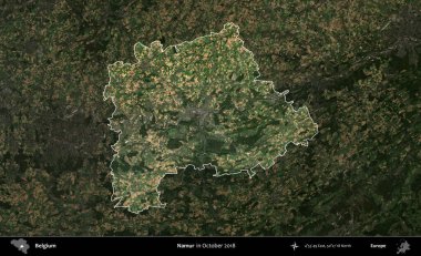 Namur. Belçika 'nın idari alanı, Ekim 2018' de çekilen Kopernik Sentinel karolarından oluşan koyu renkli bir uydu görüntüsü üzerine vurgulandı ve özetlendi.