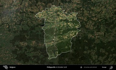 Philippeville 'de. Belçika 'nın idari alanı, Ekim 2018' de çekilen Kopernik Sentinel karolarından oluşan koyu renkli bir uydu görüntüsü üzerine vurgulandı ve özetlendi.