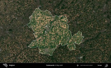 Oudenaarde. Belçika 'nın idari alanı, Mayıs 2018' de çekilen Kopernik Sentinel karolarından oluşan koyu renkli bir uydu görüntüsü üzerine vurgulandı ve özetlendi.