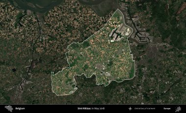 Sint-Niklaas. Belçika 'nın idari alanı, Mayıs 2018' de çekilen Kopernik Sentinel karolarından oluşan koyu renkli bir uydu görüntüsü üzerine vurgulandı ve özetlendi.