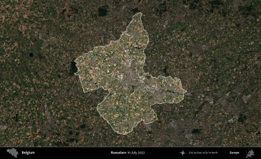 Roeselare. Belçika 'nın idari alanı, Temmuz 2022' de çekilen Kopernik Sentinel karolarından oluşan koyu renkli bir uydu görüntüsü üzerine vurgulandı ve özetlendi.