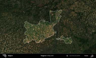 Tongeren. Belçika 'nın idari alanı, Mayıs 2018' de çekilen Kopernik Sentinel karolarından oluşan koyu renkli bir uydu görüntüsü üzerine vurgulandı ve özetlendi.