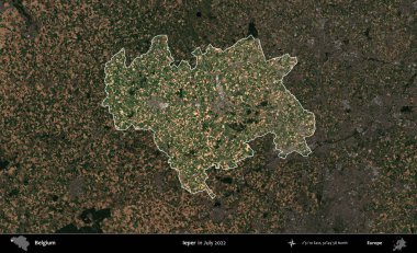 Cüzzamlı. Belçika 'nın idari alanı, Temmuz 2022' de çekilen Kopernik Sentinel karolarından oluşan koyu renkli bir uydu görüntüsü üzerine vurgulandı ve özetlendi.