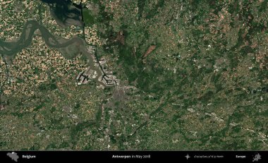 Antwerpen. Mayıs 2018 'de Copernicus Sentinel karolarından oluşan bir uydu görüntüsü üzerine Belçika' nın idari bölgesi