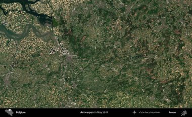 Antwerpen. Mayıs 2018 'de Copernicus Sentinel karolarından oluşan bir uydu görüntüsü üzerine Belçika' nın idari bölgesi