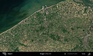 Brugge. Mayıs 2018 'de Copernicus Sentinel karolarından oluşan bir uydu görüntüsü üzerine Belçika' nın idari bölgesi