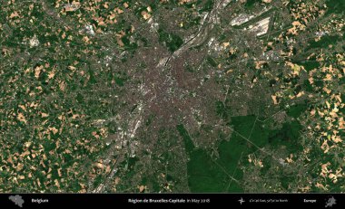 Bruxelles-Capitale Bölgesi - Brüksel Hoofdstedelijk Gewest. Mayıs 2018 'de Copernicus Sentinel karolarından oluşan bir uydu görüntüsü üzerine Belçika' nın idari bölgesi