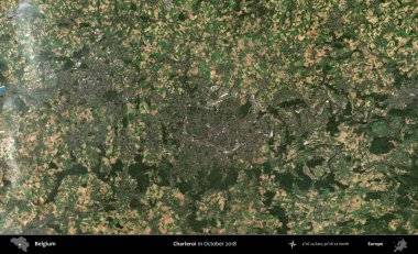Charleroi. Copernicus Sentinel 'in Ekim 2018' de çekilmiş uydu görüntüsü üzerine Belçika 'nın idari bölgesi