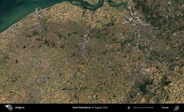 Oost-Vlaanderen. Copernicus Sentinel 'in Ağustos 2022' de çekilmiş uydu görüntüsü üzerine Belçika 'nın idari bölgesi.