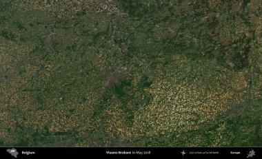 Vlaams-Brabant. Mayıs 2018 'de Copernicus Sentinel karolarından oluşan bir uydu görüntüsü üzerine Belçika' nın idari bölgesi