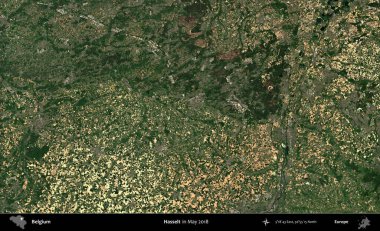 Hasselt. Mayıs 2018 'de Copernicus Sentinel karolarından oluşan bir uydu görüntüsü üzerine Belçika' nın idari bölgesi