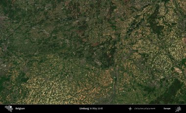 Limburg. Mayıs 2018 'de Copernicus Sentinel karolarından oluşan bir uydu görüntüsü üzerine Belçika' nın idari bölgesi