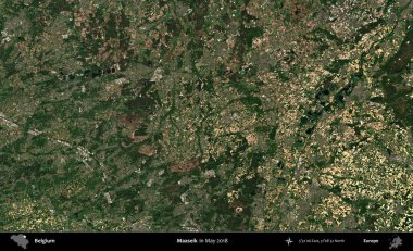 Maaseik. Mayıs 2018 'de Copernicus Sentinel karolarından oluşan bir uydu görüntüsü üzerine Belçika' nın idari bölgesi