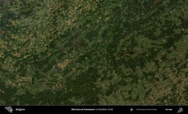 Marche-en-Famenne. Copernicus Sentinel 'in Ekim 2018' de çekilmiş uydu görüntüsü üzerine Belçika 'nın idari bölgesi