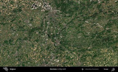 Mechelen. Mayıs 2018 'de Copernicus Sentinel karolarından oluşan bir uydu görüntüsü üzerine Belçika' nın idari bölgesi