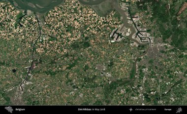 Sint-Niklaas. Mayıs 2018 'de Copernicus Sentinel karolarından oluşan bir uydu görüntüsü üzerine Belçika' nın idari bölgesi