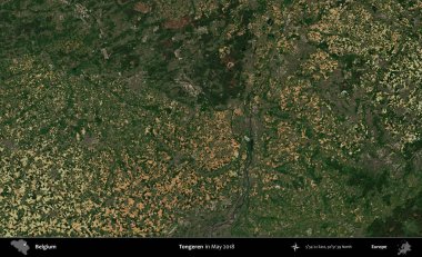 Tongeren. Mayıs 2018 'de Copernicus Sentinel karolarından oluşan bir uydu görüntüsü üzerine Belçika' nın idari bölgesi