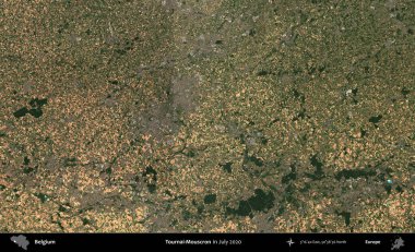 Tournai-Mouscron. Copernicus Sentinel 'in Temmuz 2020' de çekilmiş uydu görüntüsü üzerine Belçika 'nın idari bölgesi.
