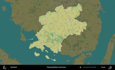 İbne-Midtfyn Kommune. Danimarka 'nın idari alanı koyu bir Topografik İnsani Biçim haritasına vurgulandı ve özetlendi