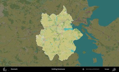 Kolding Kommune. Danimarka 'nın idari alanı koyu bir Topografik İnsani Biçim haritasına vurgulandı ve özetlendi