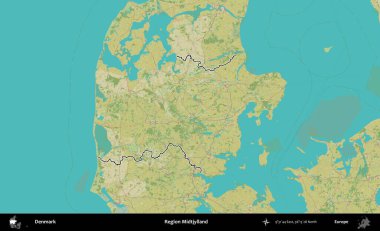 Midtjylland Bölgesi. Danimarka 'nın idari alanı Topografik İnsani Stil Haritasında özetlenmiştir