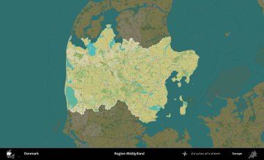 Midtjylland Bölgesi. Danimarka 'nın idari alanı koyu bir Topografik İnsani Biçim haritasına vurgulandı ve özetlendi