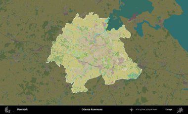 Odense Kommune. Danimarka 'nın idari alanı koyu bir Topografik İnsani Biçim haritasına vurgulandı ve özetlendi