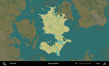 Sjelland Bölgesi. Danimarka 'nın idari alanı koyu bir Topografik İnsani Biçim haritasına vurgulandı ve özetlendi