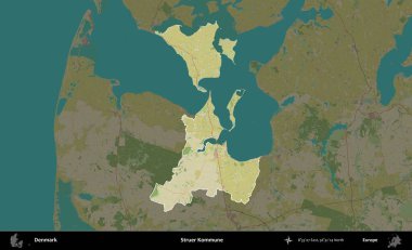 Struer Kommune. Danimarka 'nın idari alanı koyu bir Topografik İnsani Biçim haritasına vurgulandı ve özetlendi